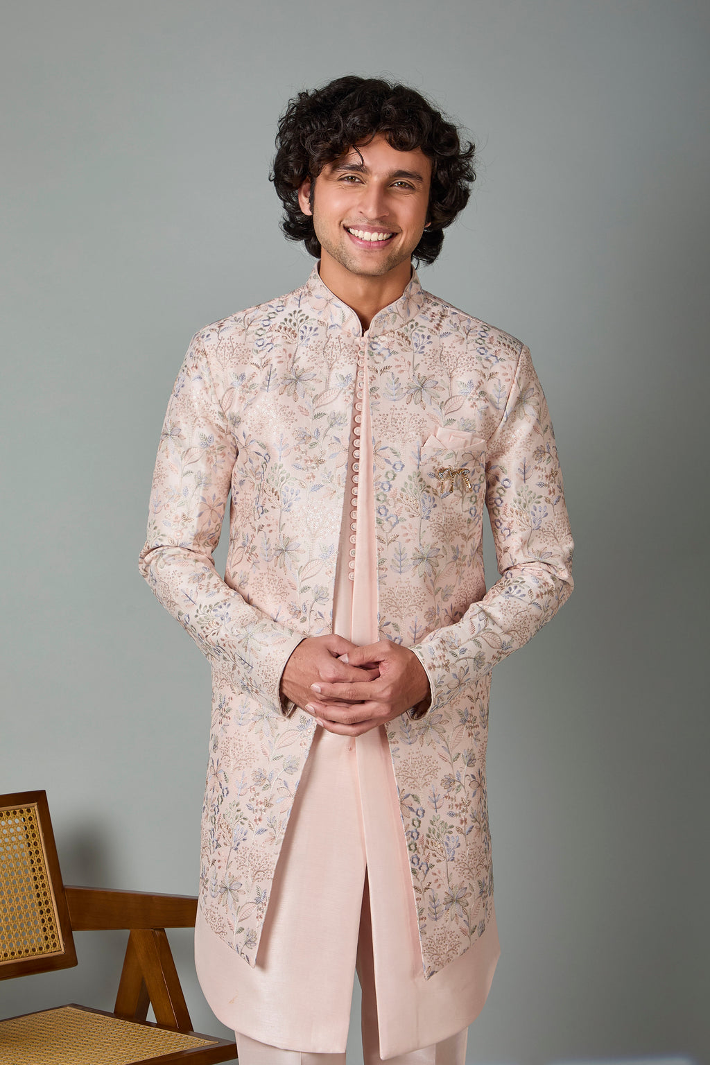 Raw Silk Light Peach Men's Indo-western in Silk for Traditional Functions