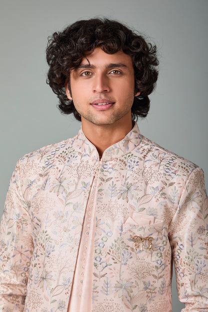 Raw Silk Light Peach Men's Indo-western in Silk