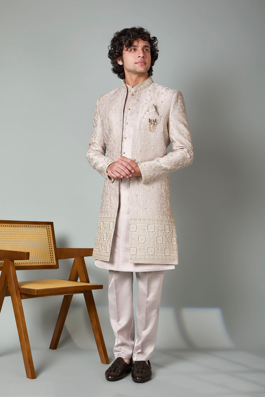 Fawn Beige Embroidered Indo-Western for Men – Wedding & Sangeet Wear
