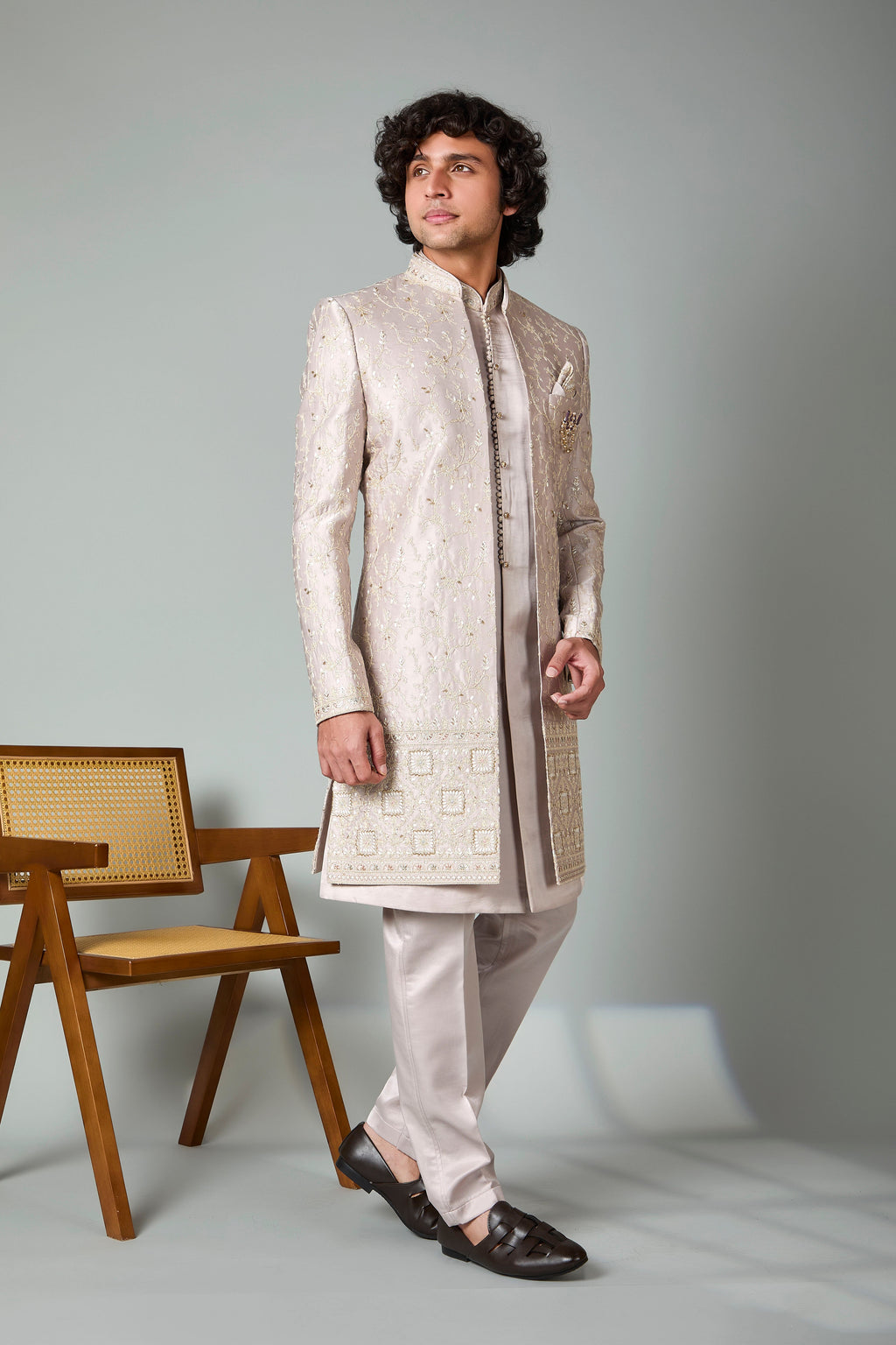 Fawn Beige Embroidered Indo-Western for Men – Wedding & Sangeet Wear