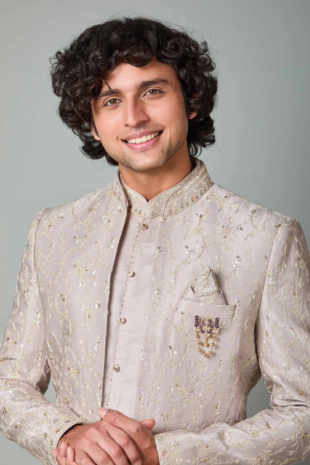 Fawn Beige Embroidered Indo-Western for Men – Wedding & Sangeet Wear