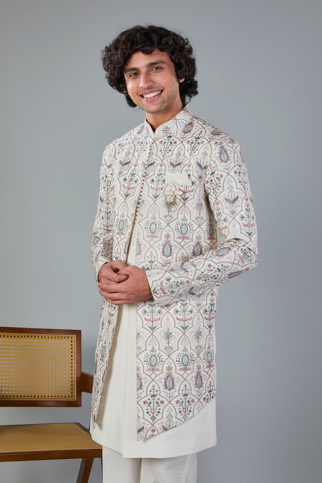 Raw Silk Off-white Men's Indo-western for Wedding and Engagement