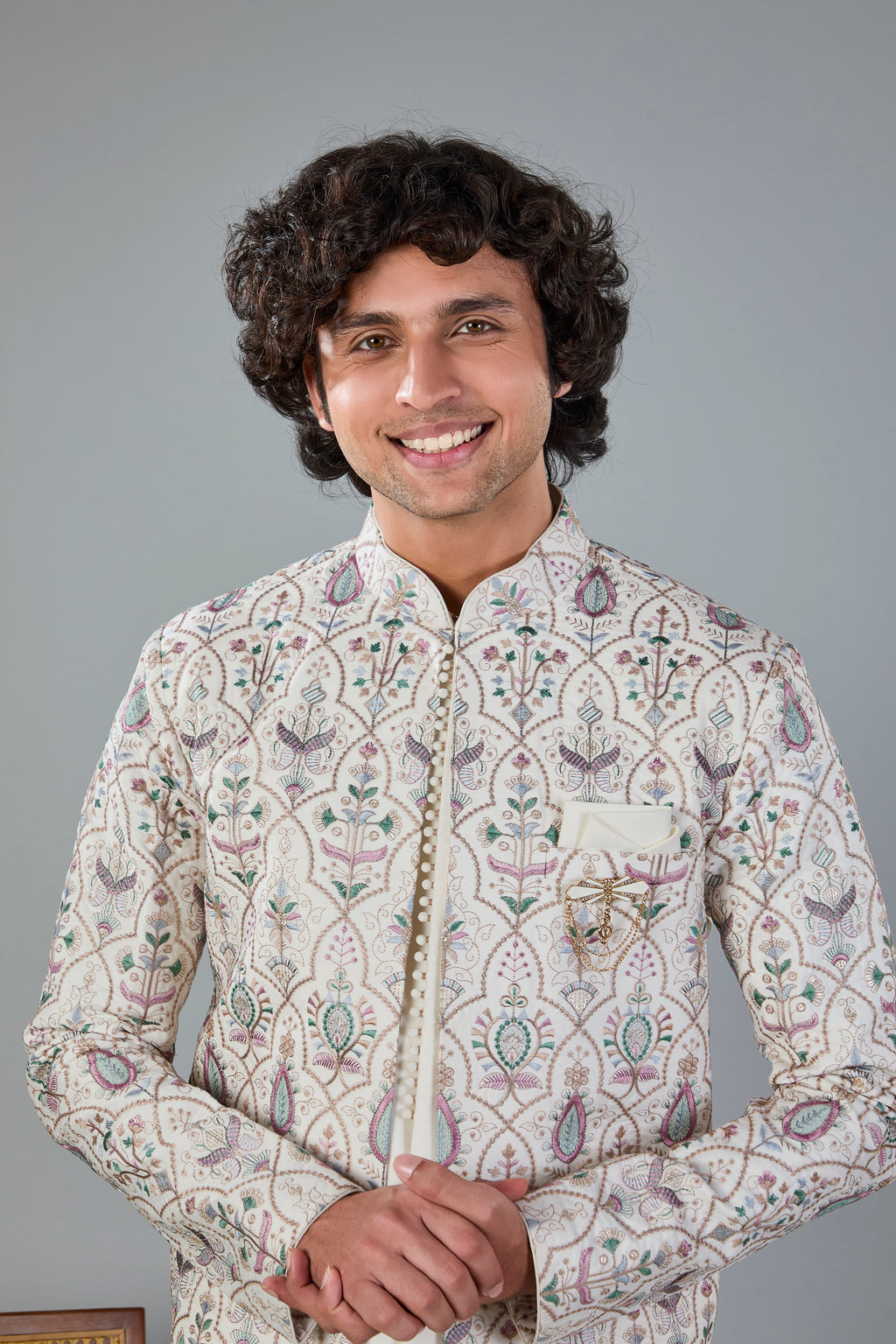Raw Silk Off-white Men's Indo-western for Wedding and Engagement