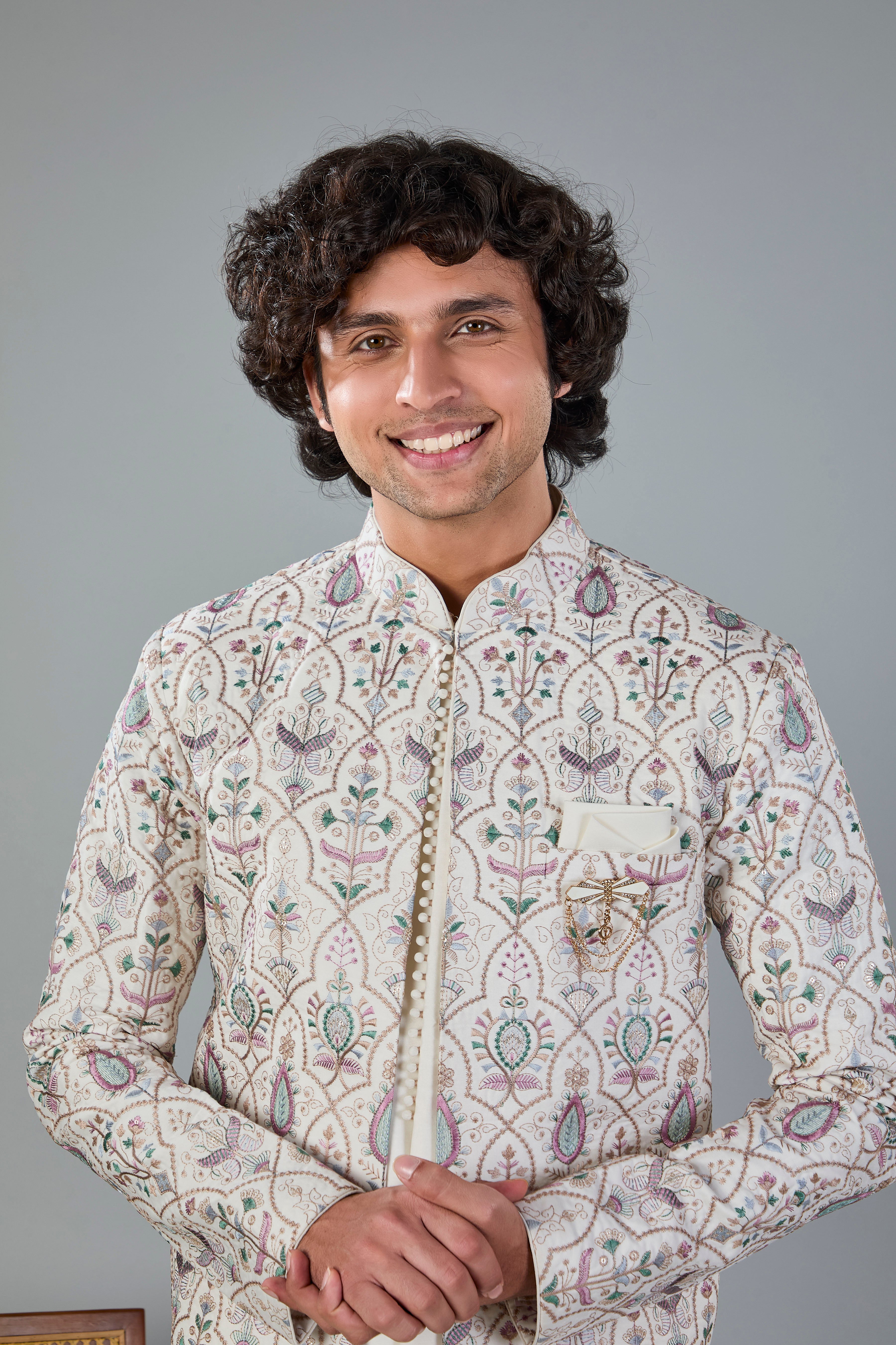 Raw Silk Off-white Men's Indo-western for Wedding and Engagement