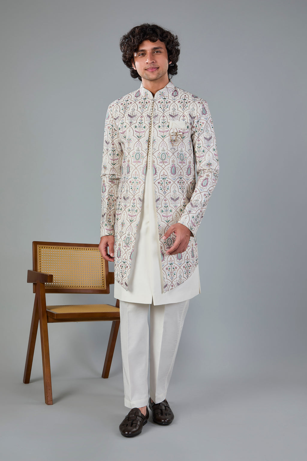 Raw Silk Off-white Men's Indo-western for Wedding and Engagement