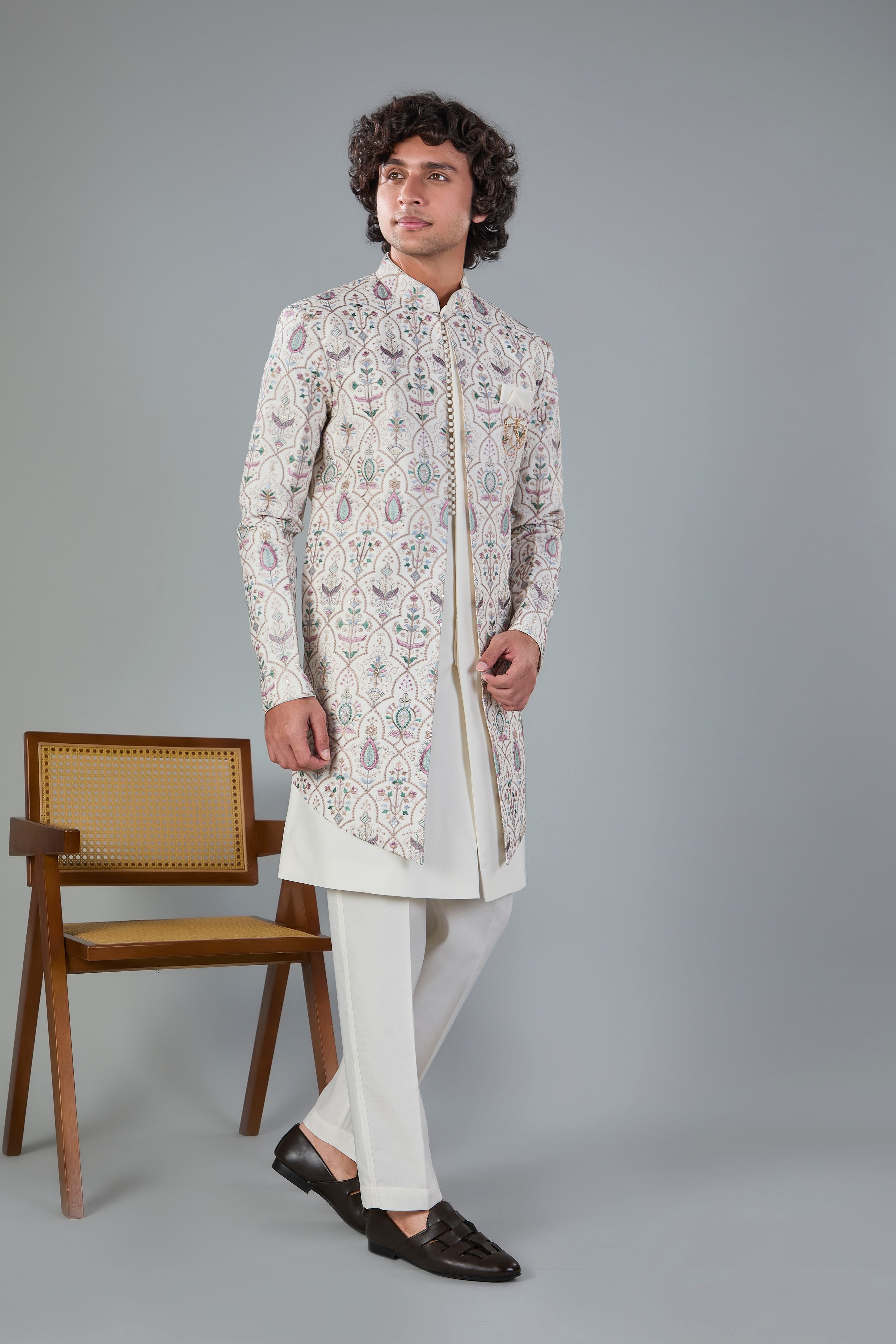 Raw Silk Off-white Men's Indo-western for Wedding and Engagement