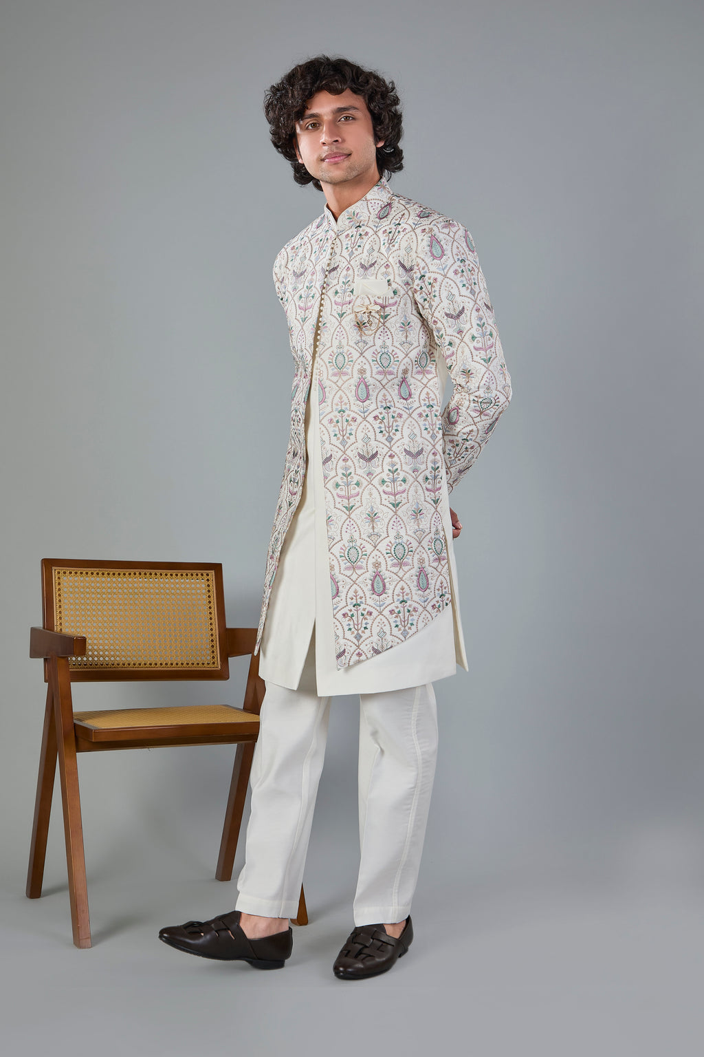 Raw Silk Off-white Men's Indo-western for Wedding and Engagement