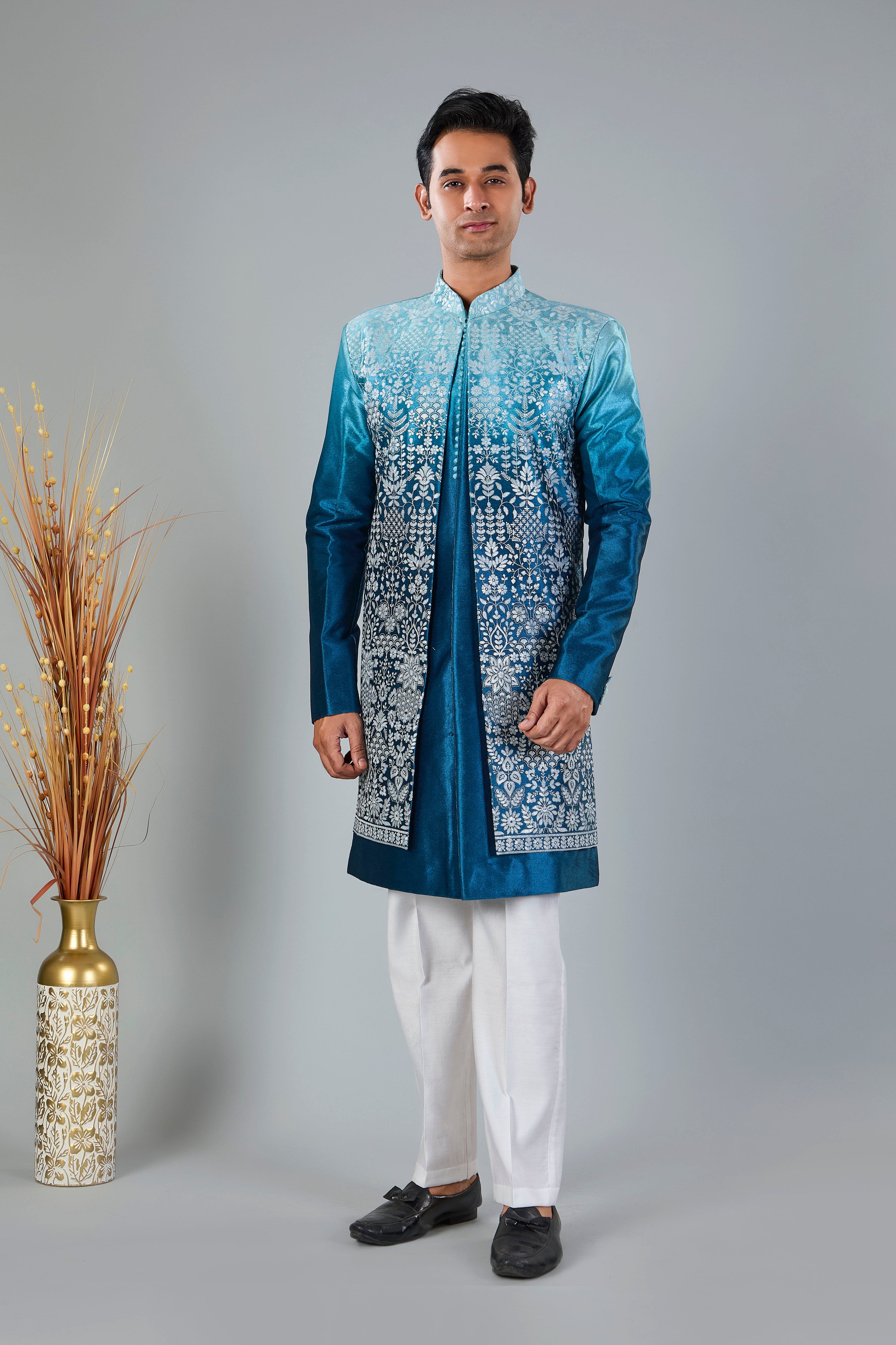 Turquoise Blue Men's Indo-western for Reception and Engagement