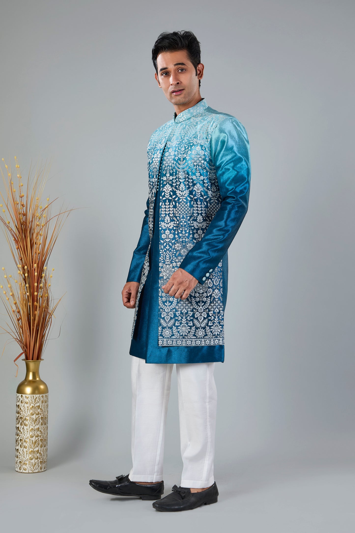 Turquoise Blue Men's Indo-western for Reception and Engagement