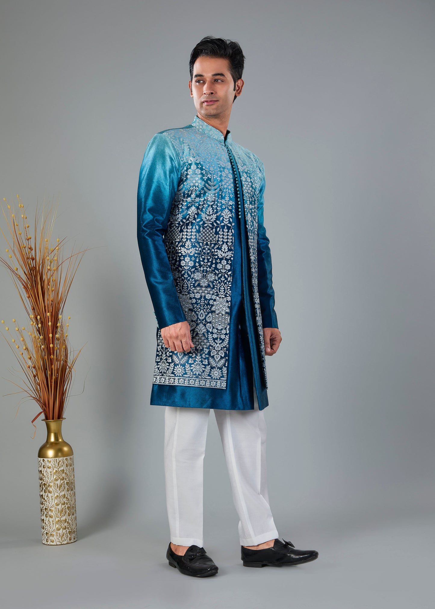 Turquoise Blue Men's Indo-western for Reception and Engagement