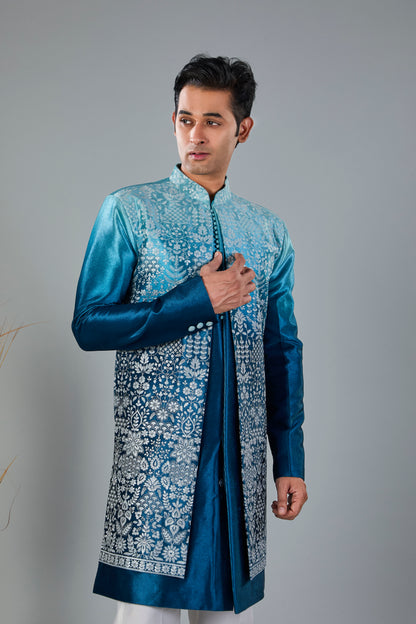 Turquoise Blue Men's Indo-western for Reception and Engagement