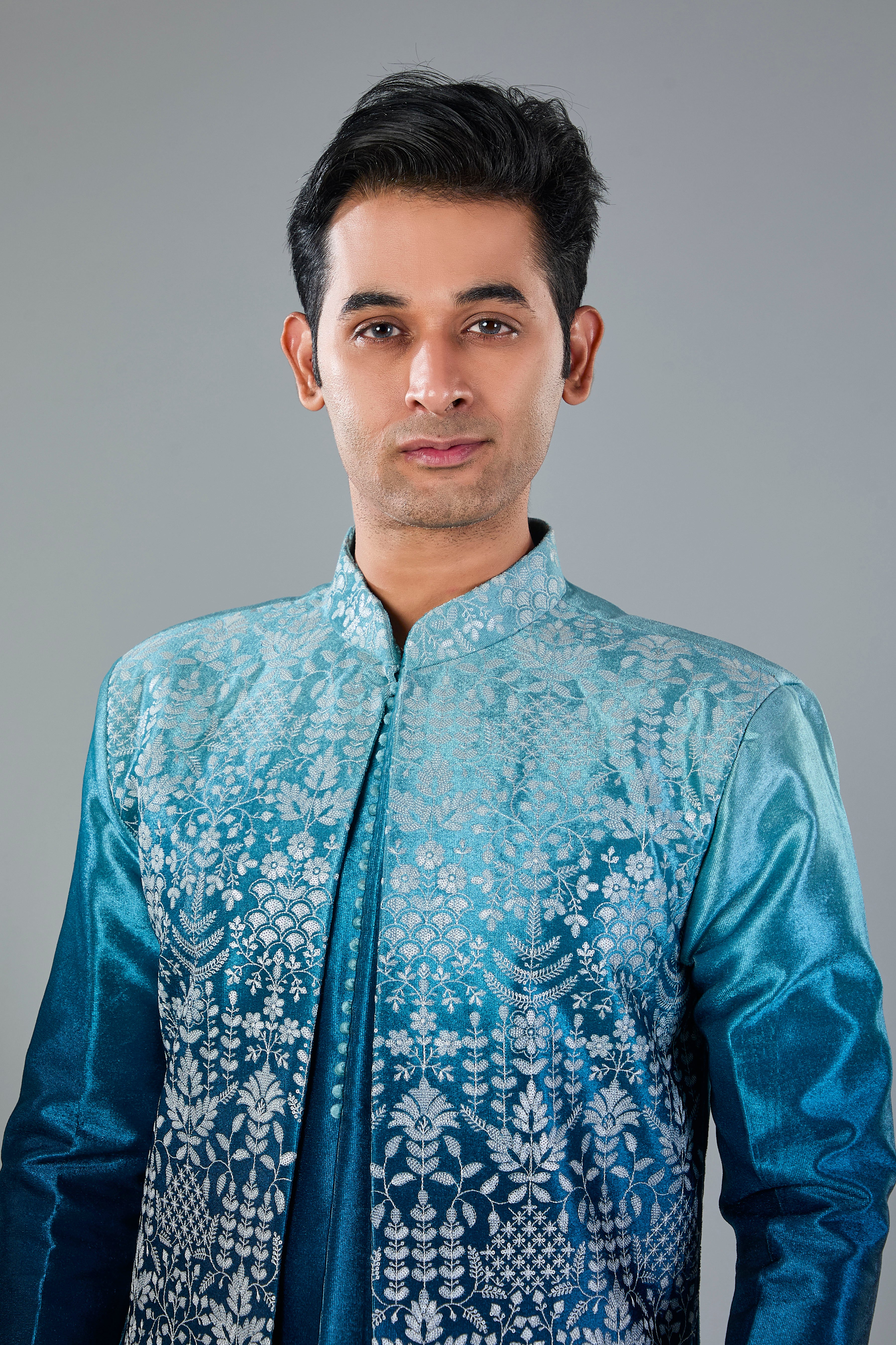 Turquoise Blue Men's Indo-western for Reception and Engagement