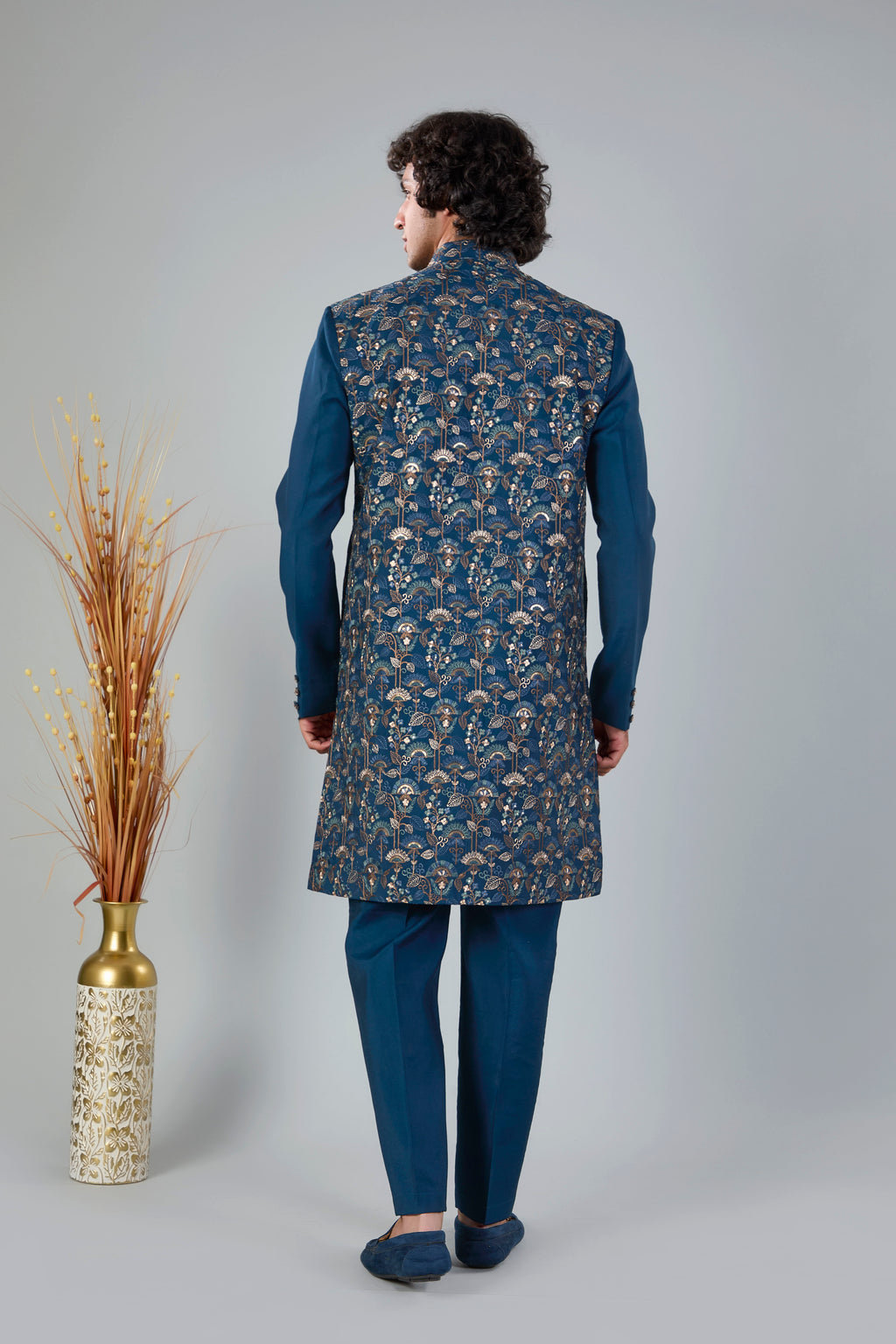 Teal Blue Men's Indo-western made in Raw Silk for Festive Style