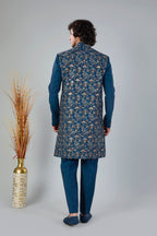 Teal Blue Men's Indo-western made in Raw Silk for Festive Style