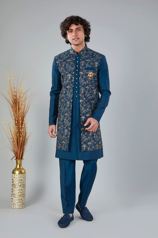 Teal Blue Men's Indo-western made in Raw Silk for Festive Style