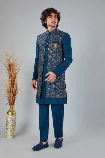 Teal Blue Men's Indo-western made in Raw Silk for Festive Style