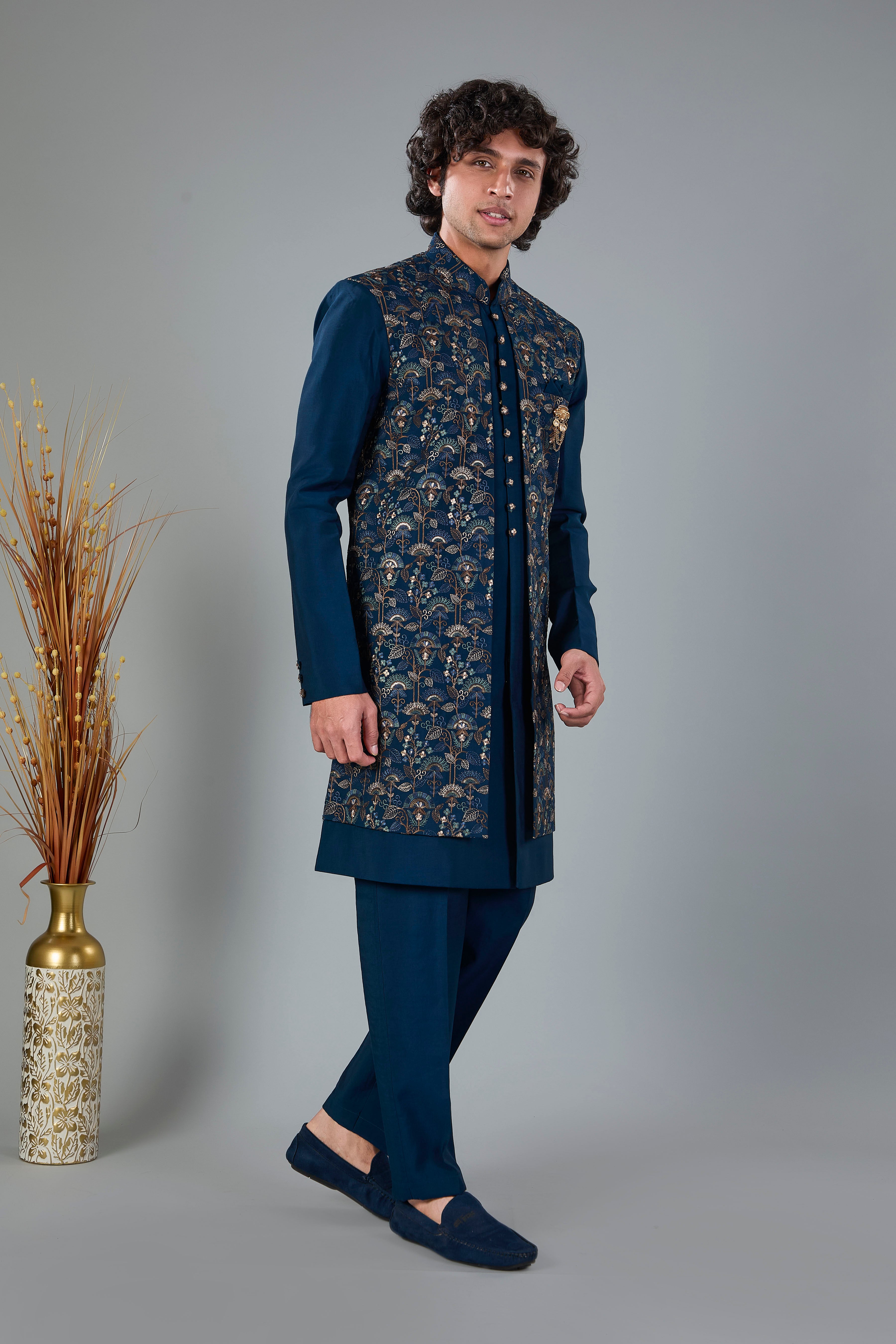 Teal Blue Men's Indo-western made in Raw Silk for Festive Style