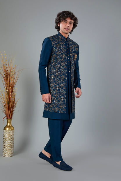 Teal Blue Men's Indo-western made in Raw Silk for Festive Style