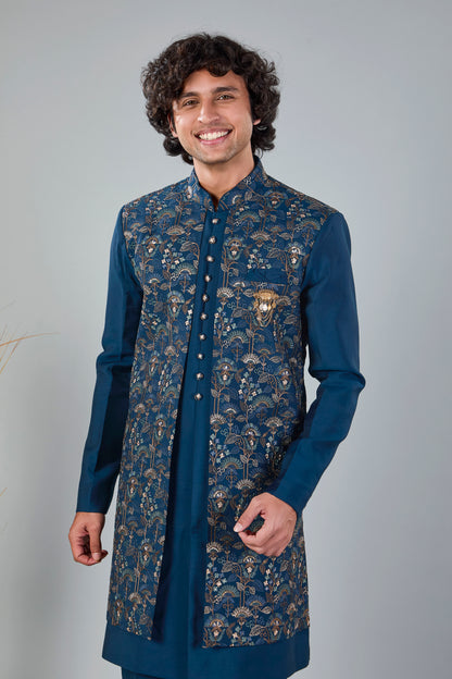 Teal Blue Men's Indo-western made in Raw Silk for Festive Style