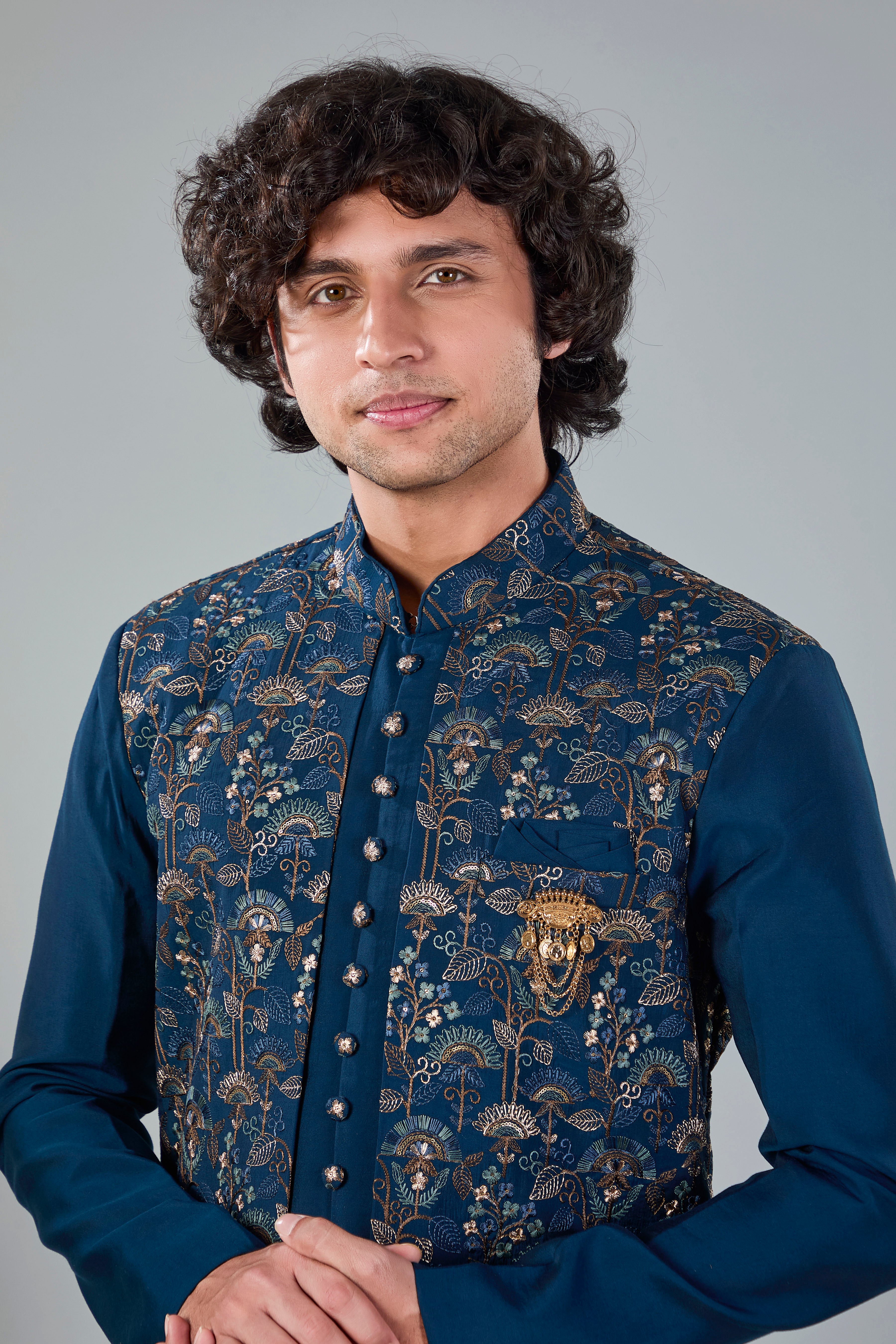 Teal Blue Men's Indo-western made in Raw Silk for Festive Style