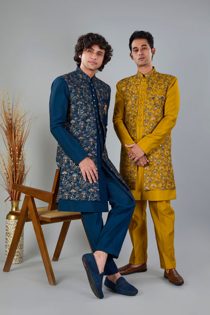 Men's Mustard Yellow Indo-western made in Raw Silk for Haldi events