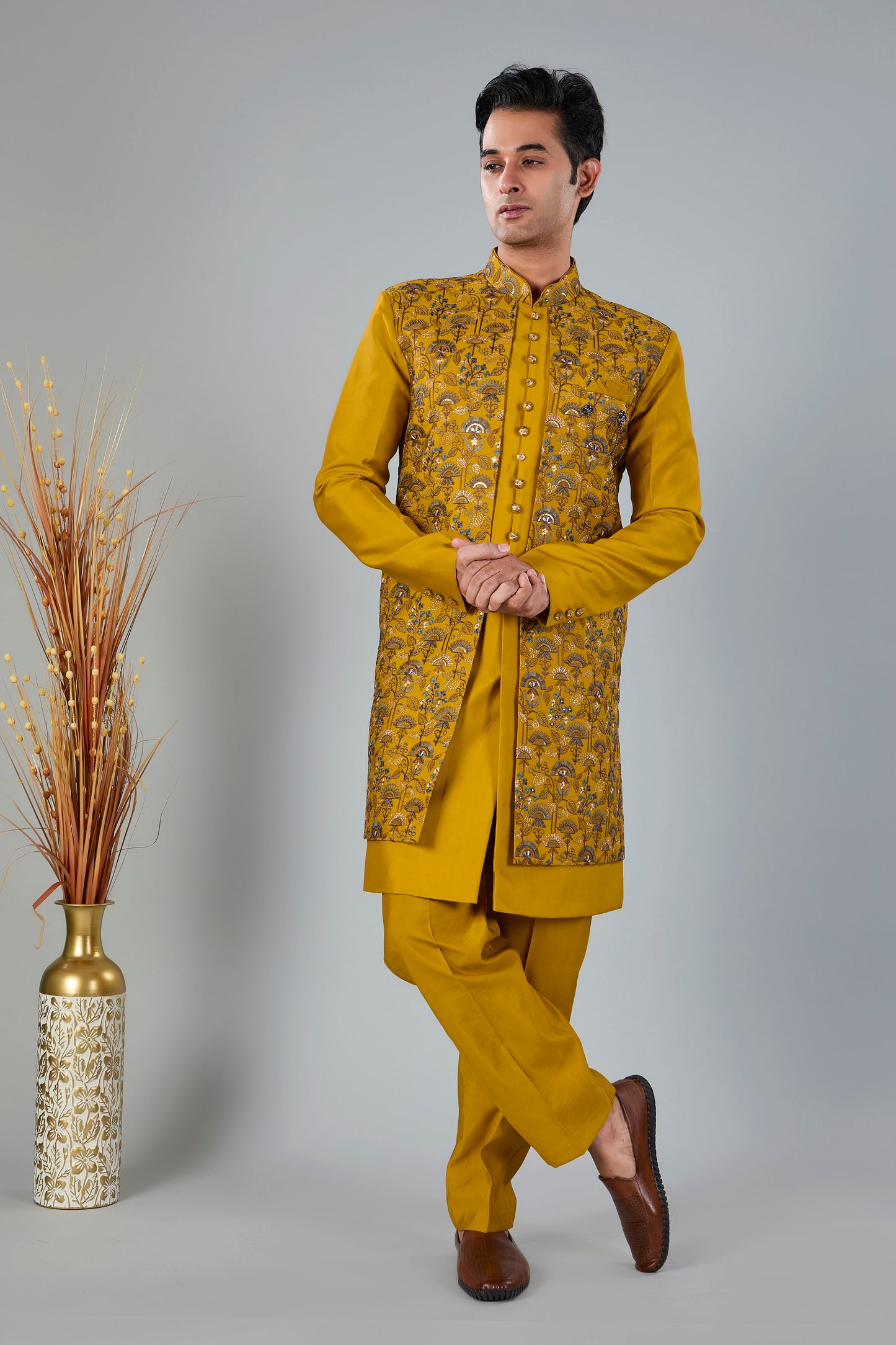 Men's Mustard Yellow Indo-western made in Raw Silk for Haldi events