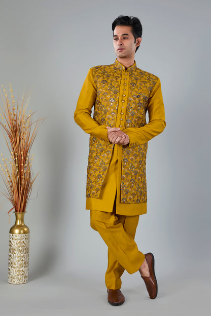 Men's Mustard Yellow Indo-western made in Raw Silk for Haldi events