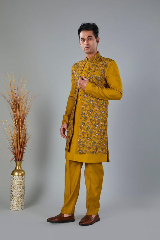 Men's Mustard Yellow Indo-western made in Raw Silk for Haldi events