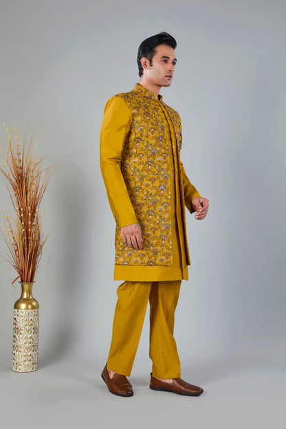 Men's Mustard Yellow Indo-western made in Raw Silk for Haldi events
