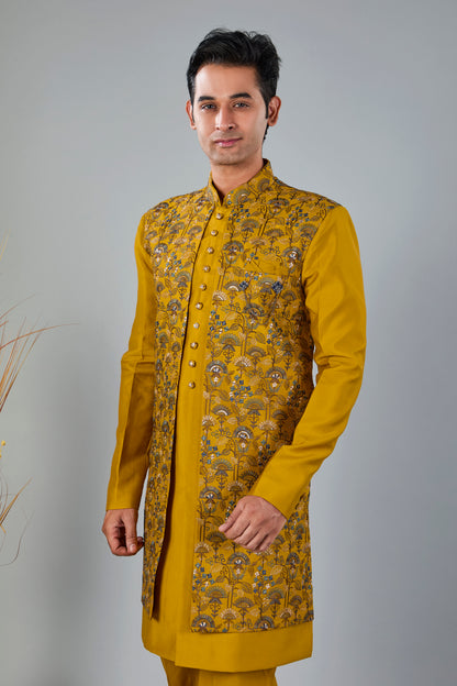Men's Mustard Yellow Indo-western made in Raw Silk for Haldi events