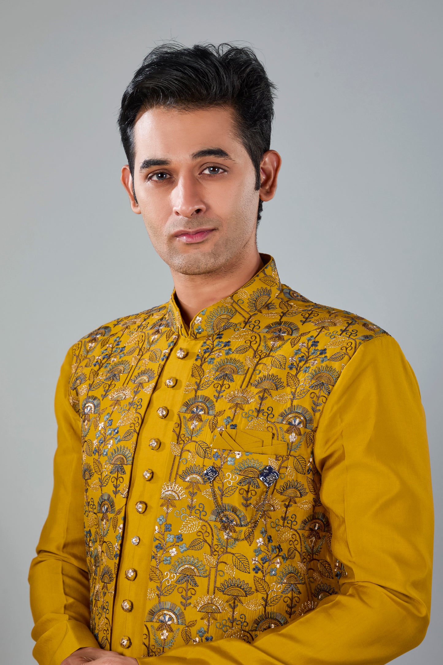 Men's Mustard Yellow Indo-western made in Raw Silk for Haldi events