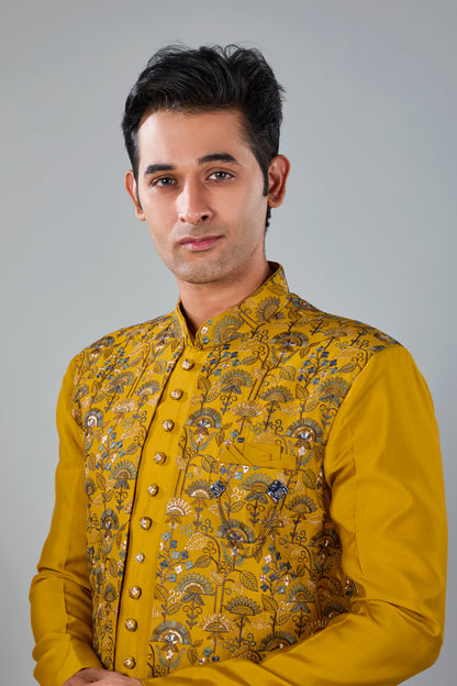 Men's Mustard Yellow Indo-western made in Raw Silk for Haldi events