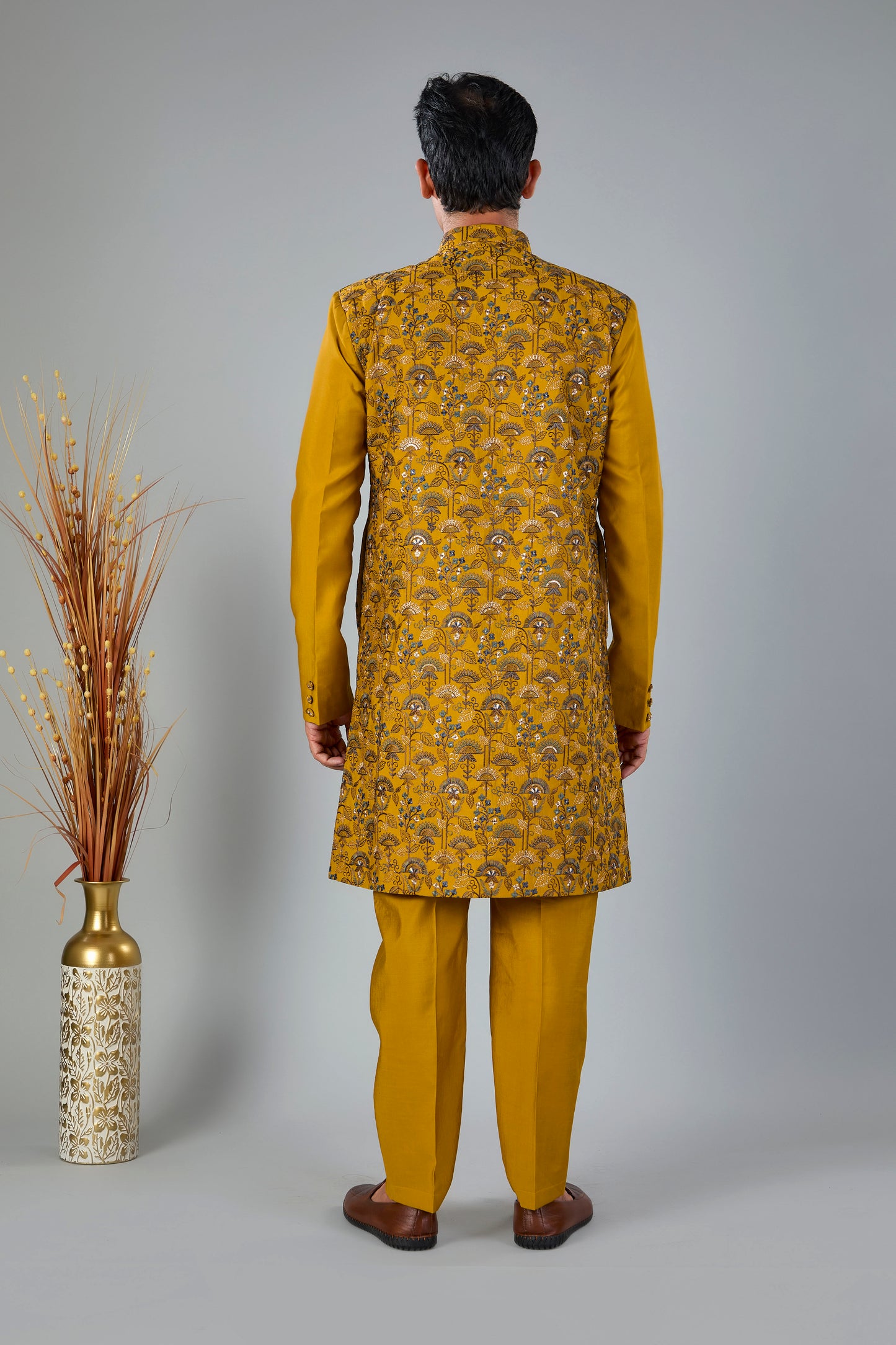 Men's Mustard Yellow Indo-western made in Raw Silk for Haldi events