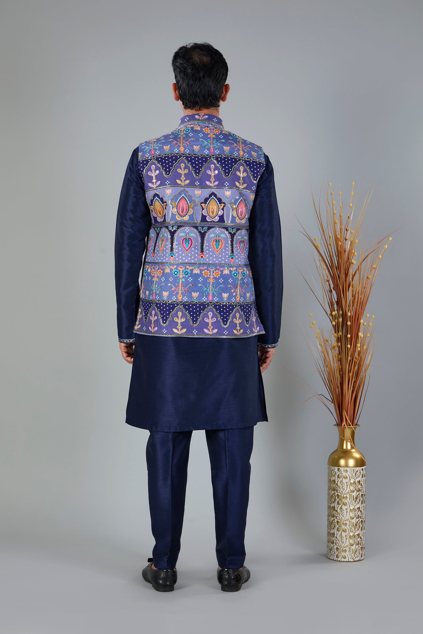 Men's Navy Raw Silk Kurta Jacket Set in Classic Fit