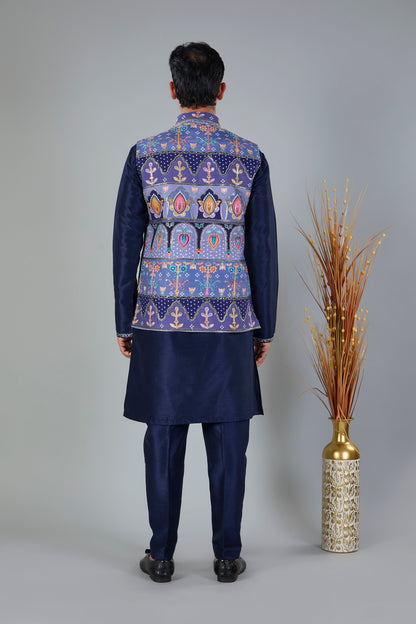 Men's Navy Raw Silk Kurta Jacket Set in Classic Fit