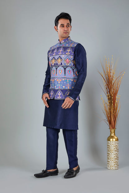 Men's Navy Raw Silk Kurta Jacket Set in Classic Fit