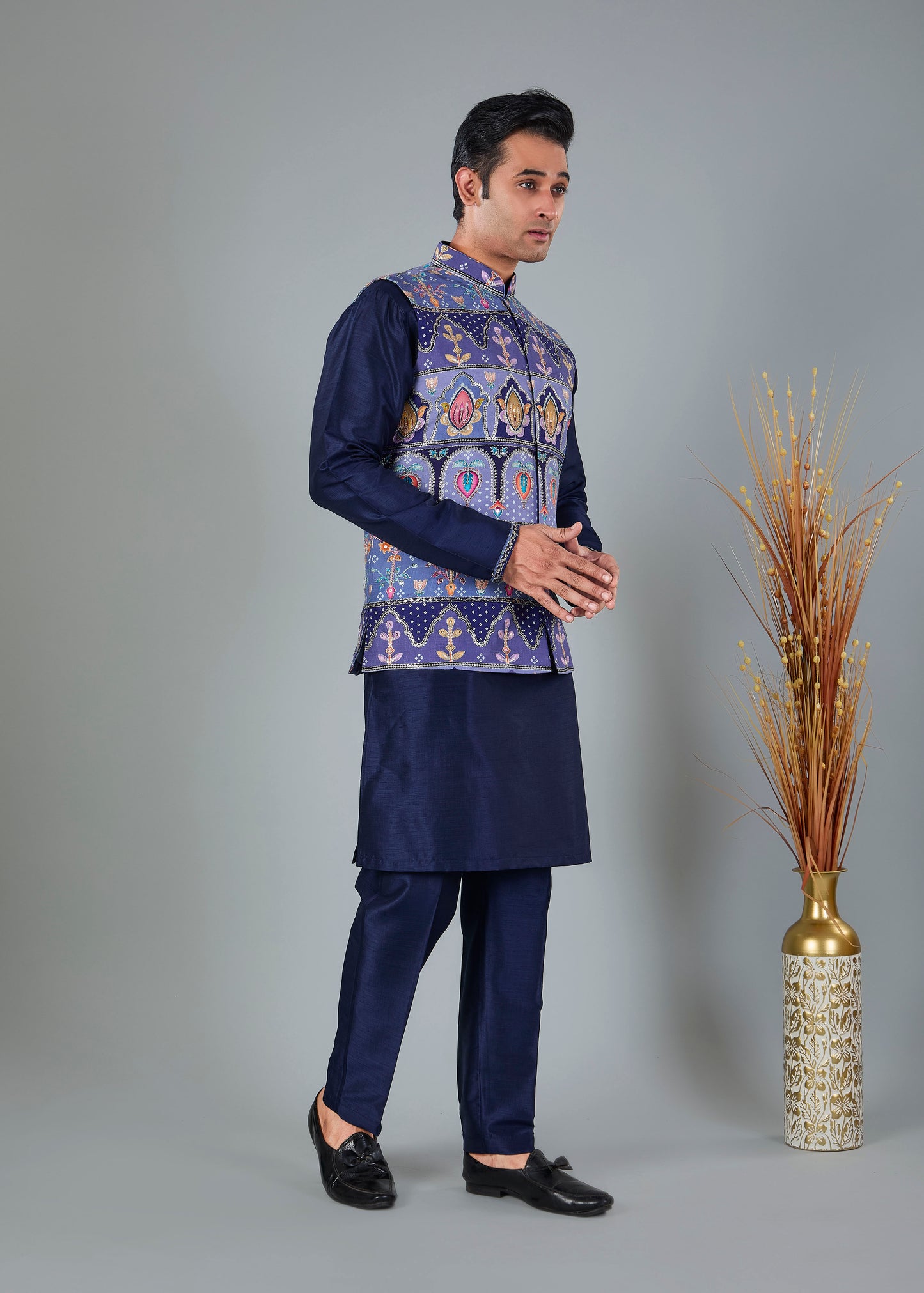 Men's Navy Raw Silk Kurta Jacket Set in Classic Fit