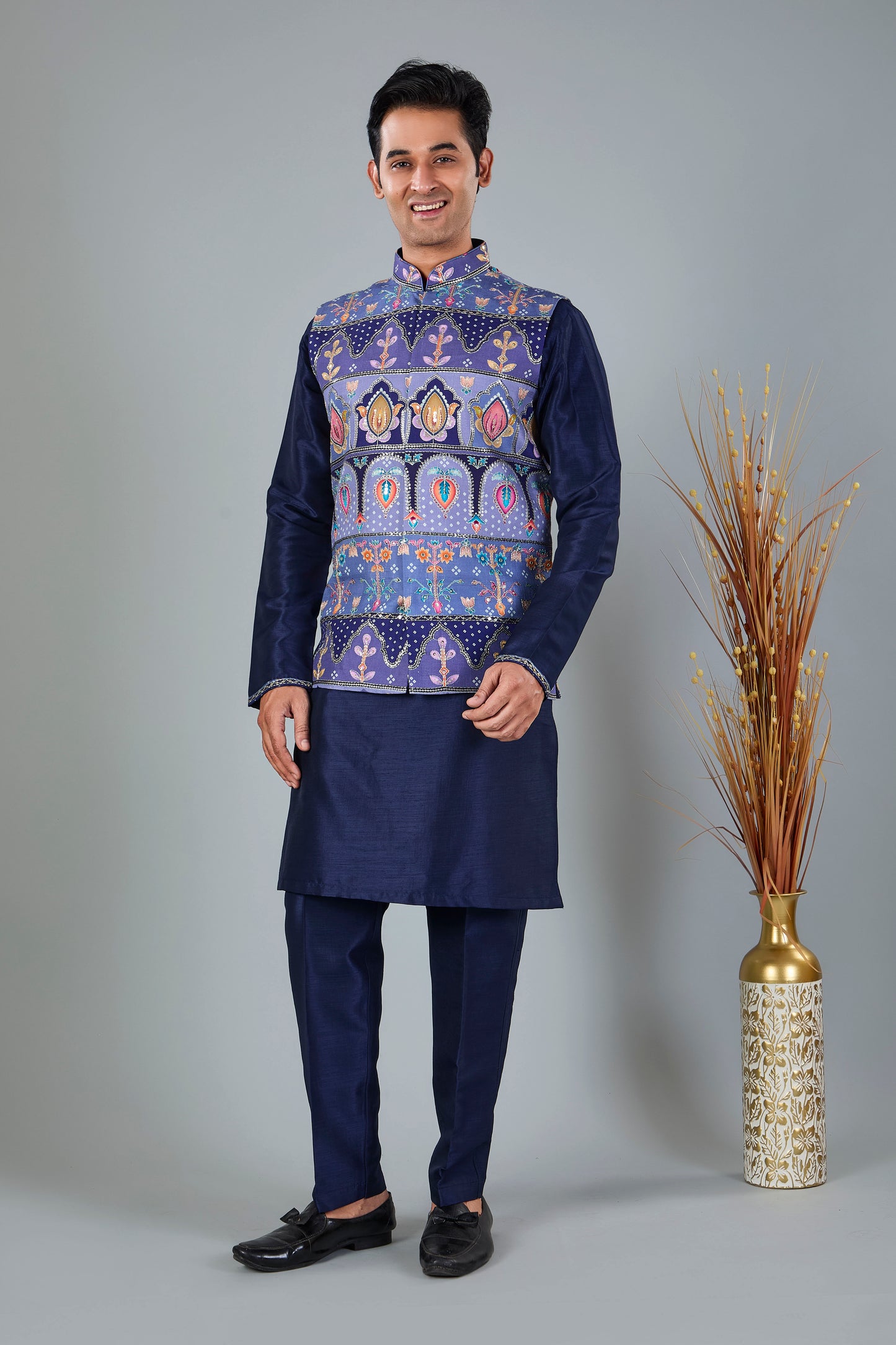 Men's Navy Raw Silk Kurta Jacket Set in Classic Fit