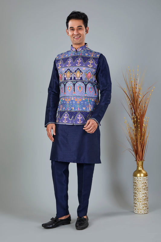 Men's Navy Raw Silk Kurta Jacket Set in Classic Fit