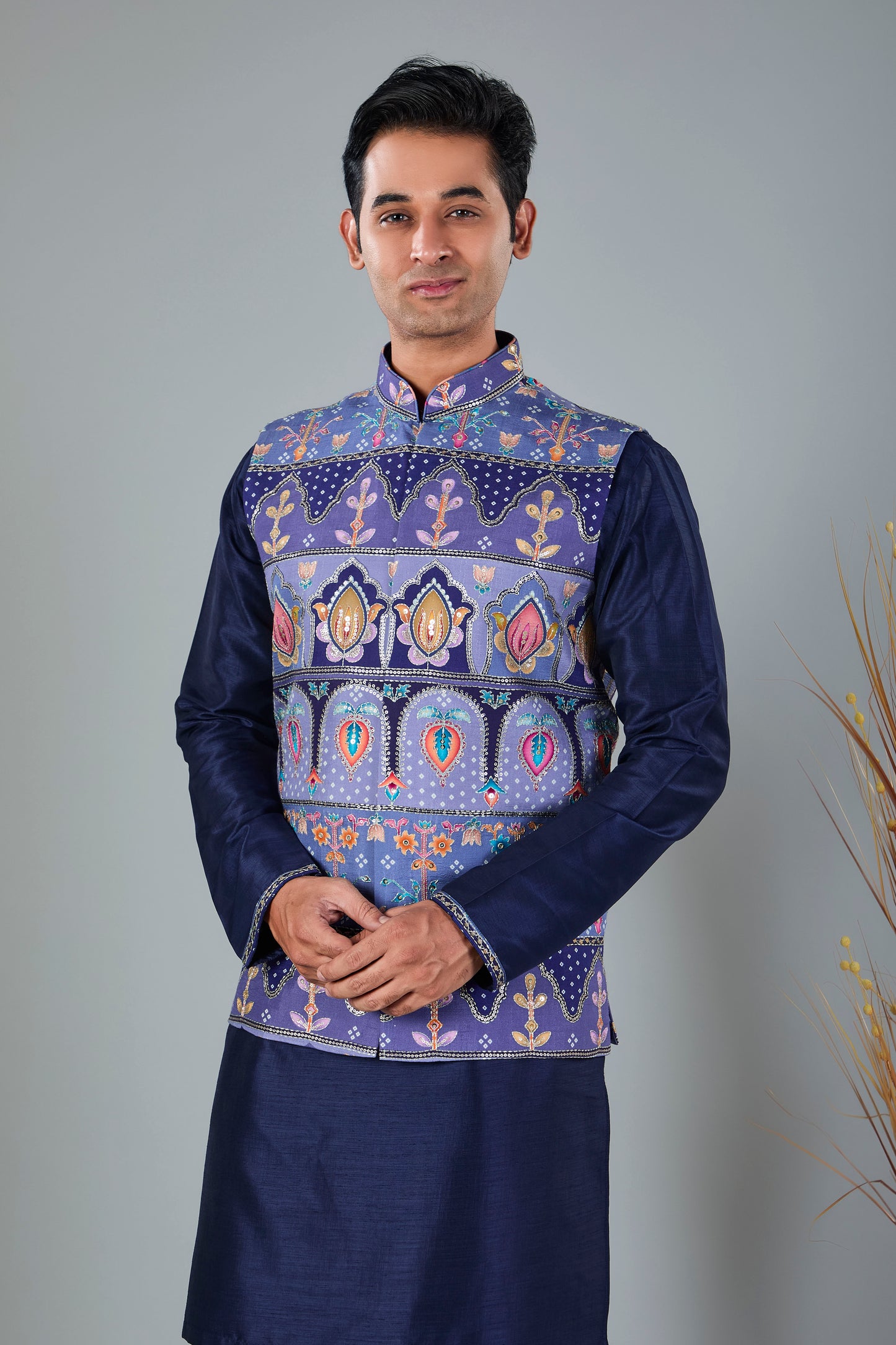 Men's Navy Raw Silk Kurta Jacket Set in Classic Fit