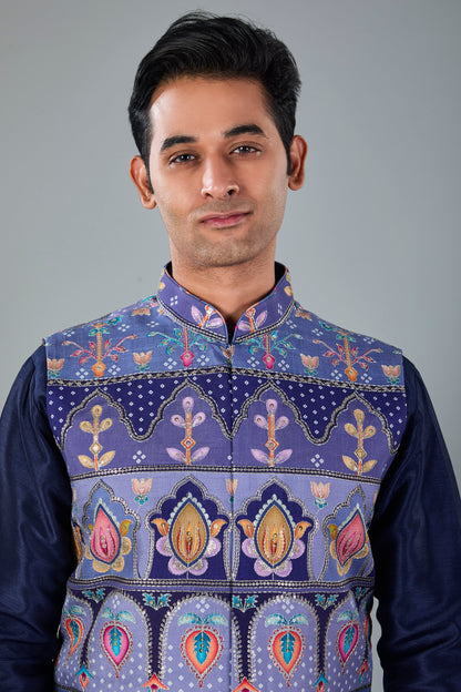 Men's Navy Raw Silk Kurta Jacket Set in Classic Fit