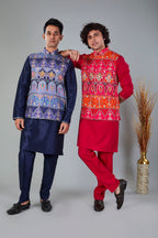 Royal Red Men’s Printed Kurta Jacket Set in Silk for Wedding Occasions