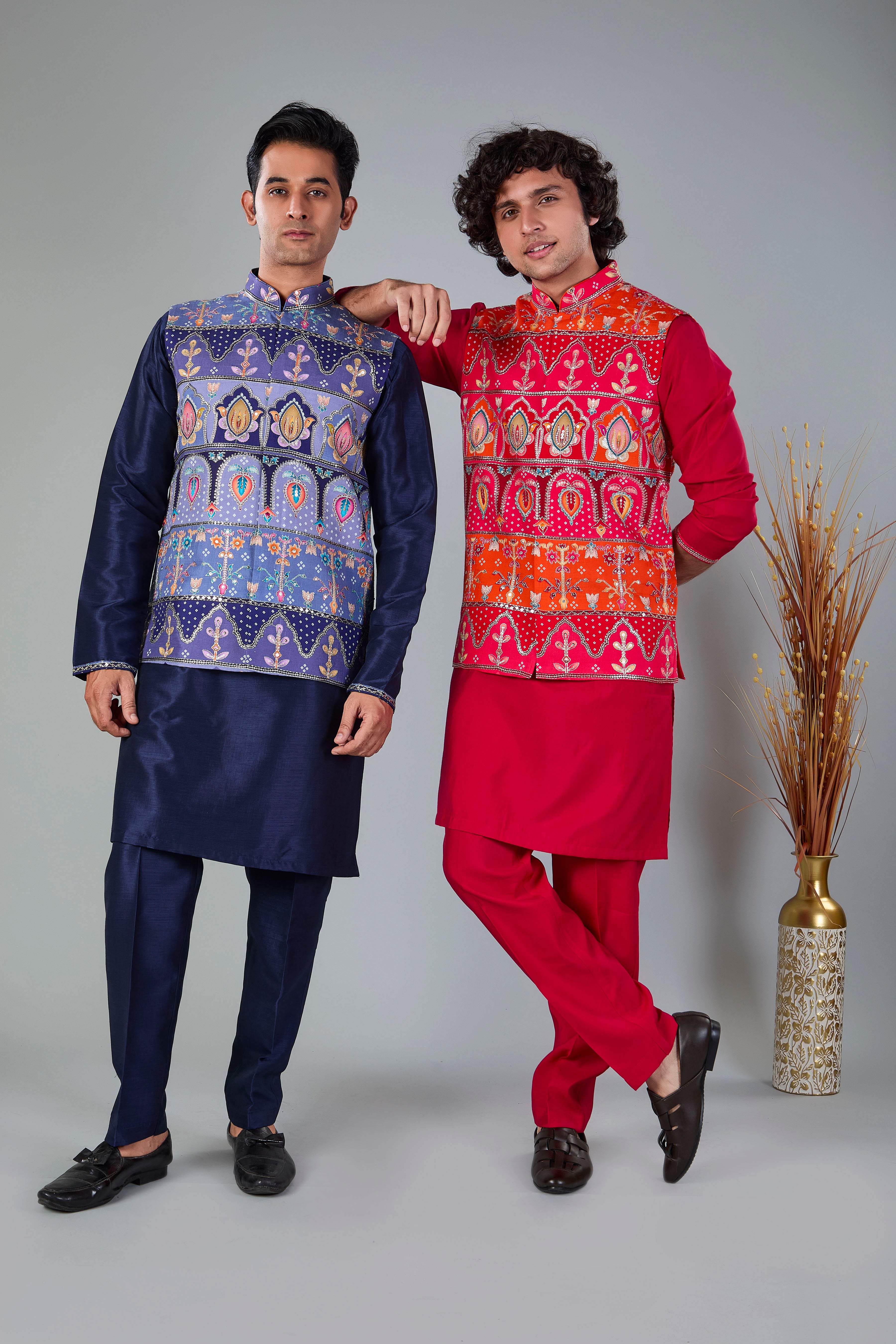 Royal Red Men’s Printed Kurta Jacket Set in Silk for Wedding Occasions