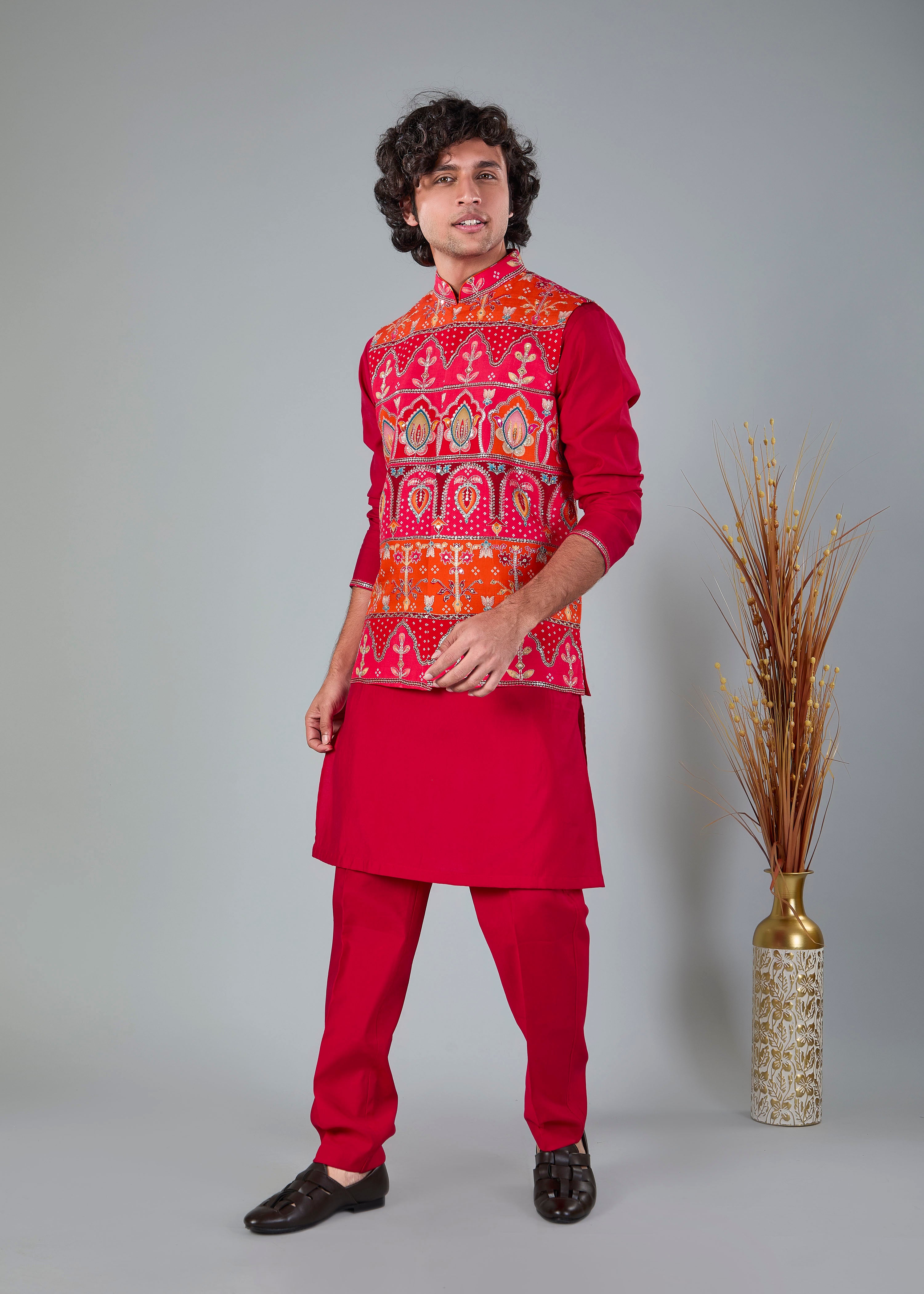 Royal Red Men’s Printed Kurta Jacket Set in Silk for Wedding Occasions