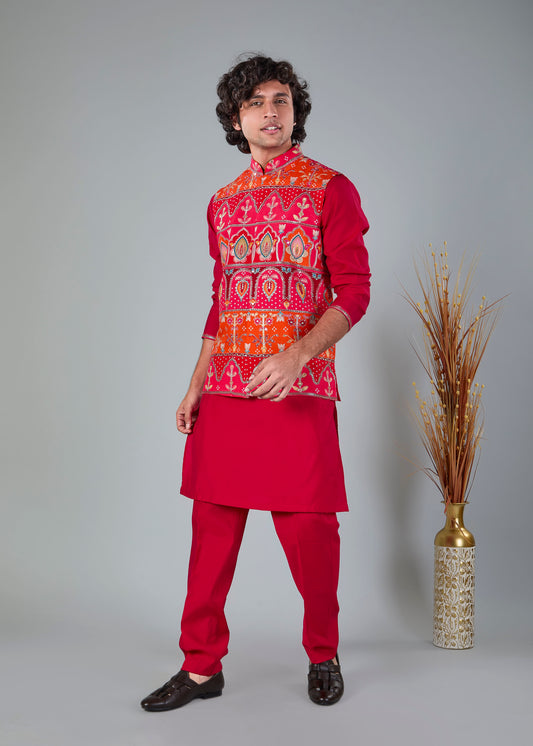 Royal Red Men’s Printed Kurta Jacket Set in Silk