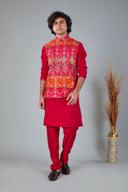 Royal Red Men’s Printed Kurta Jacket Set in Silk