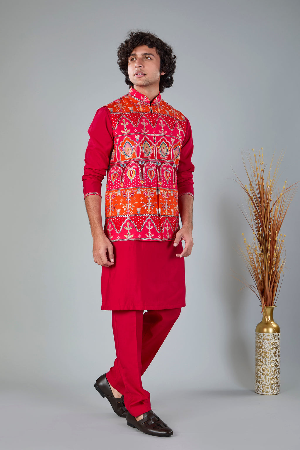 Royal Red Men’s Printed Kurta Jacket Set in Silk for Wedding Occasions