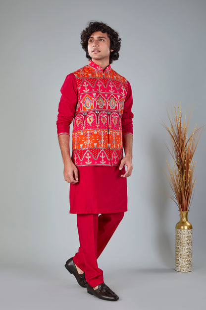 Royal Red Men’s Printed Kurta Jacket Set in Silk