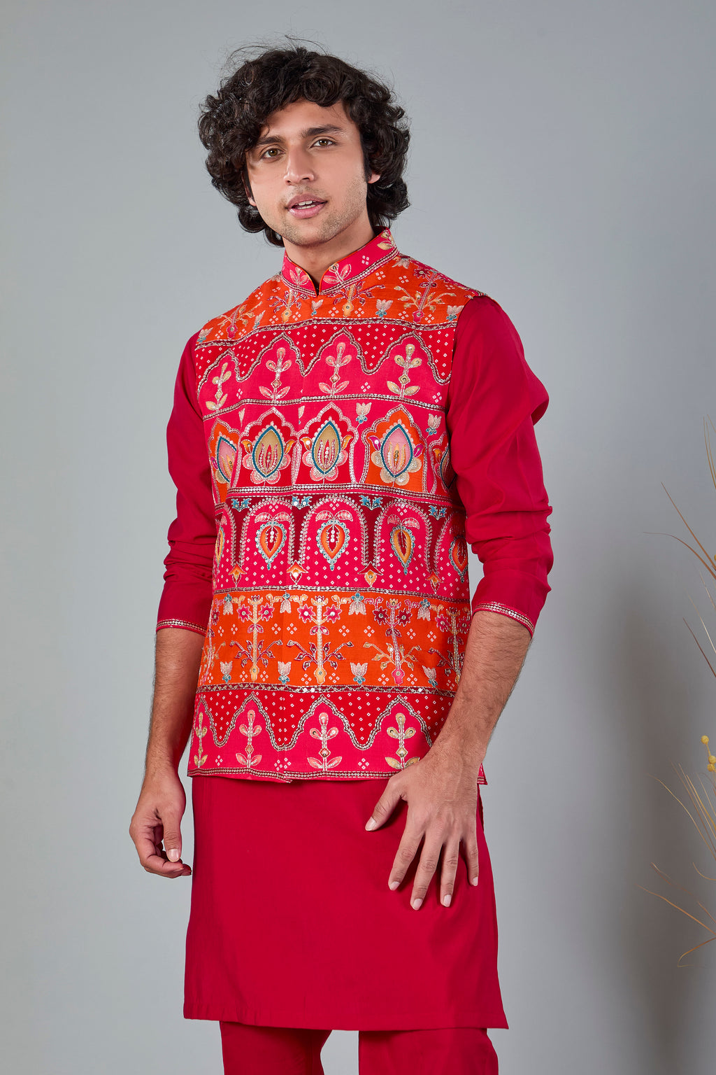 Royal Red Men’s Printed Kurta Jacket Set in Silk for Wedding Occasions