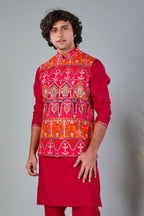 Royal Red Men’s Printed Kurta Jacket Set in Silk for Wedding Occasions